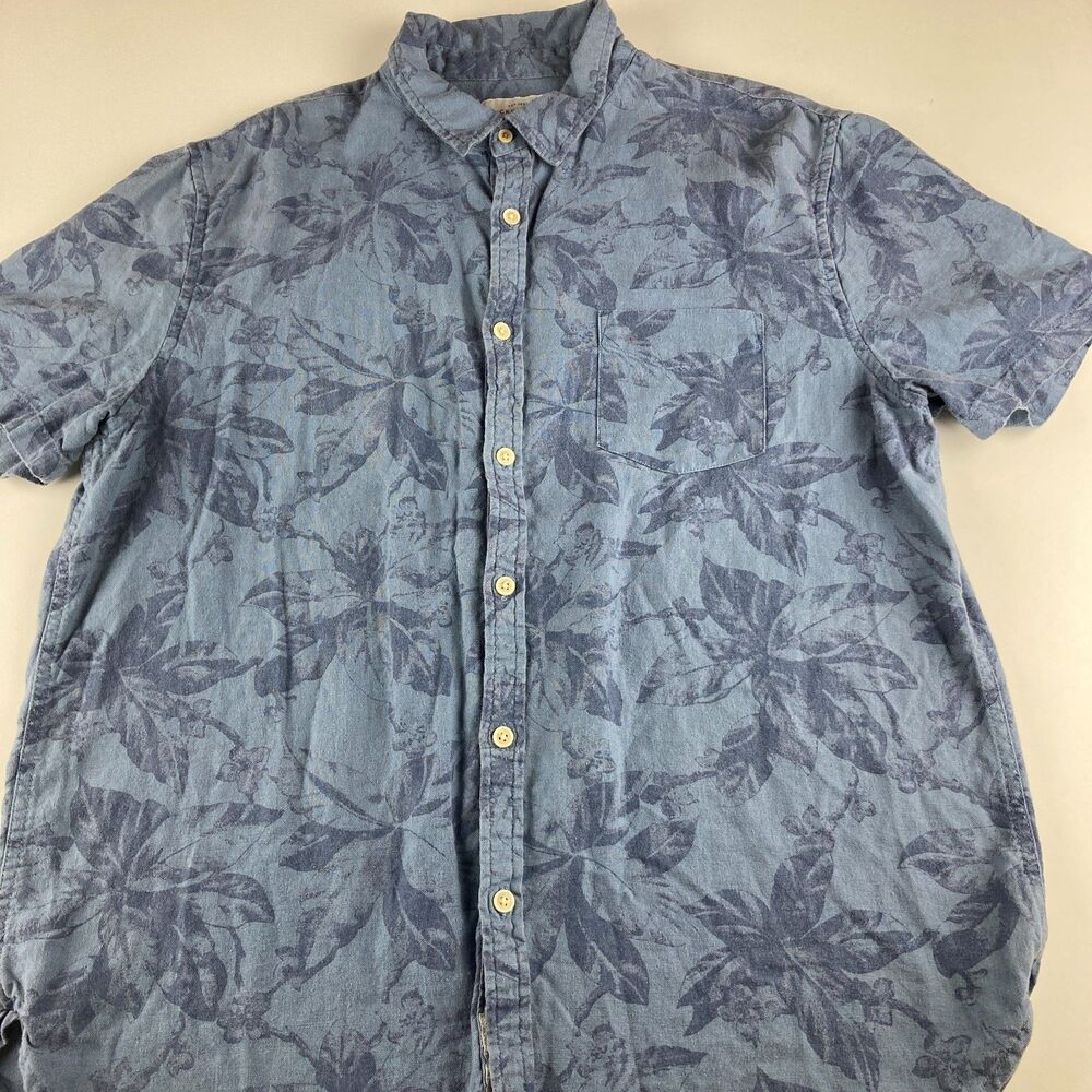 Lucky Brand Linen Blend Shirt Mens Large Blue Floral Short Sleeve Button Up